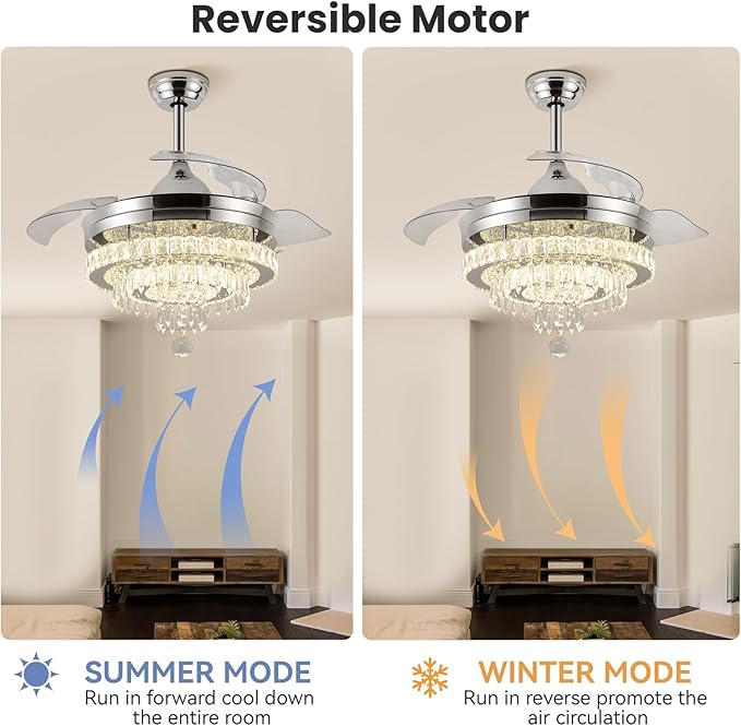 LEONTYNE 42" Modern Fandeliers Chandelier Ceiling Fan LED Dimmable Crystal Ceiling Fan with Light and Remote 6 Speed 3 Blades Retractable Fans for Bedroom Living Dining Room (APP & Timing)