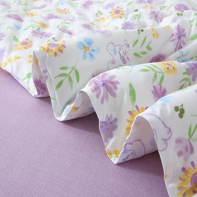 Wajade Floral Comforter Set Bed in A Bag Twin Size 7 Piece Purple Flower Green Leaves Rabbits Bedding Set for Girls (1 Comforter, 1 Flat Sheet, 1 Fitted Sheet, 2 Pillowcase and 2 Pillow Sham)
