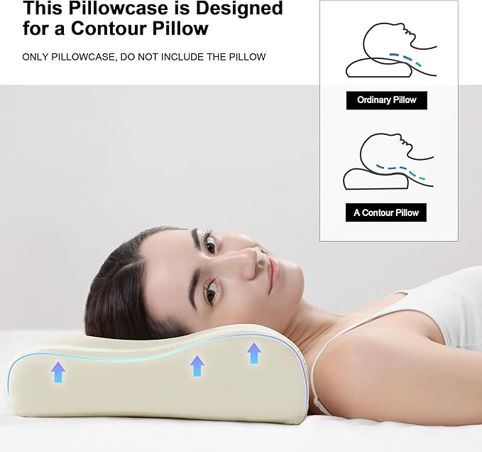 HOMBYS Satin Pillow Case for Contoured Support Pillow (DO NOT Include Pillow) -Zippered Pillow Cover for Neck Pillow for Cervical 1 Pack-Silky, Smooth and Breathable, Standard