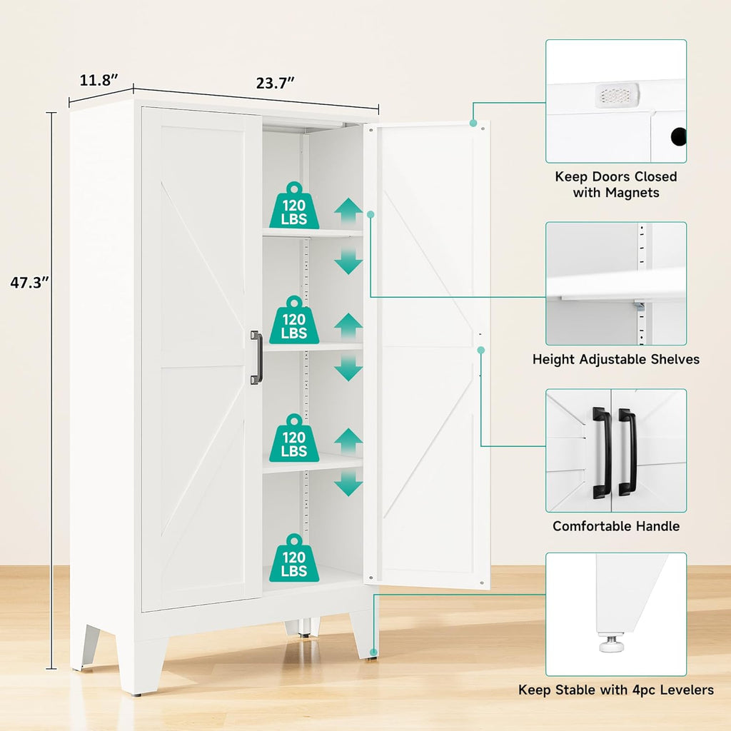 SISESOL Metal Storage Cabinet with 2 Doors and 3 Shelves,White Pantry Storage Cabinet with Legs,Farmhouse Pantry Cabinets Cupboard,Bathroom Cabinets for Home,Kitchen,Dining/Living Room (47.3" H)