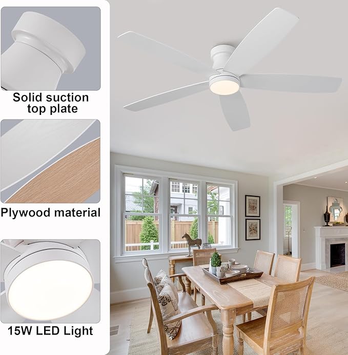 52 inch Ceiling Fans with Lights and Remote,Flush Mount White Ceiling Fan,Memory Fuction Reversible Quiet DC Motor Low Profile Ceiling Fans For Living Room Bedroom Outdoor(White&Natural Wood)