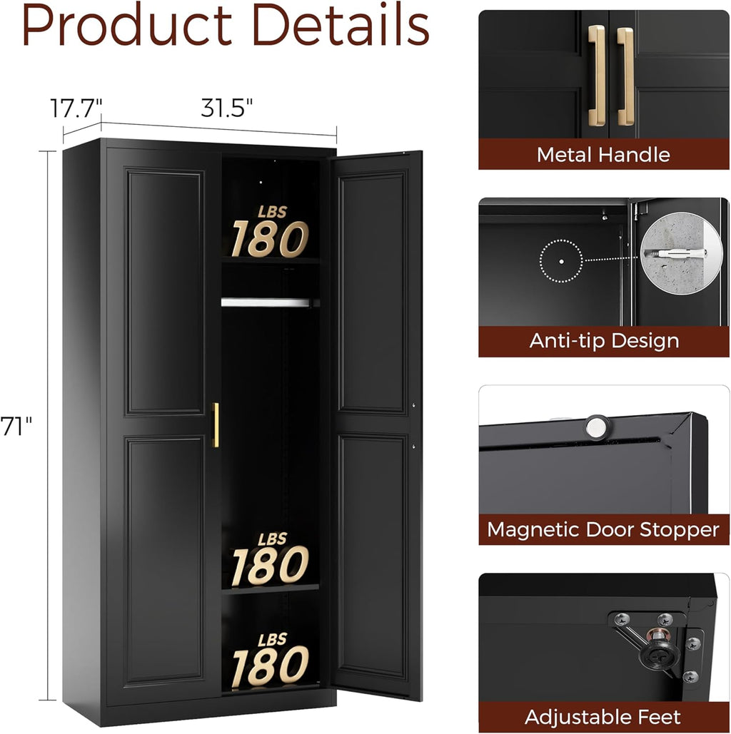 71" Metal Armoire Wardrobe Closet with 2 Doors, Tall Wardrobe Cabinet with Hanging Rod and Adjustable Shelves, Black Clothing Storage Cabinets for Bedroom, Laundry Room, Home Office