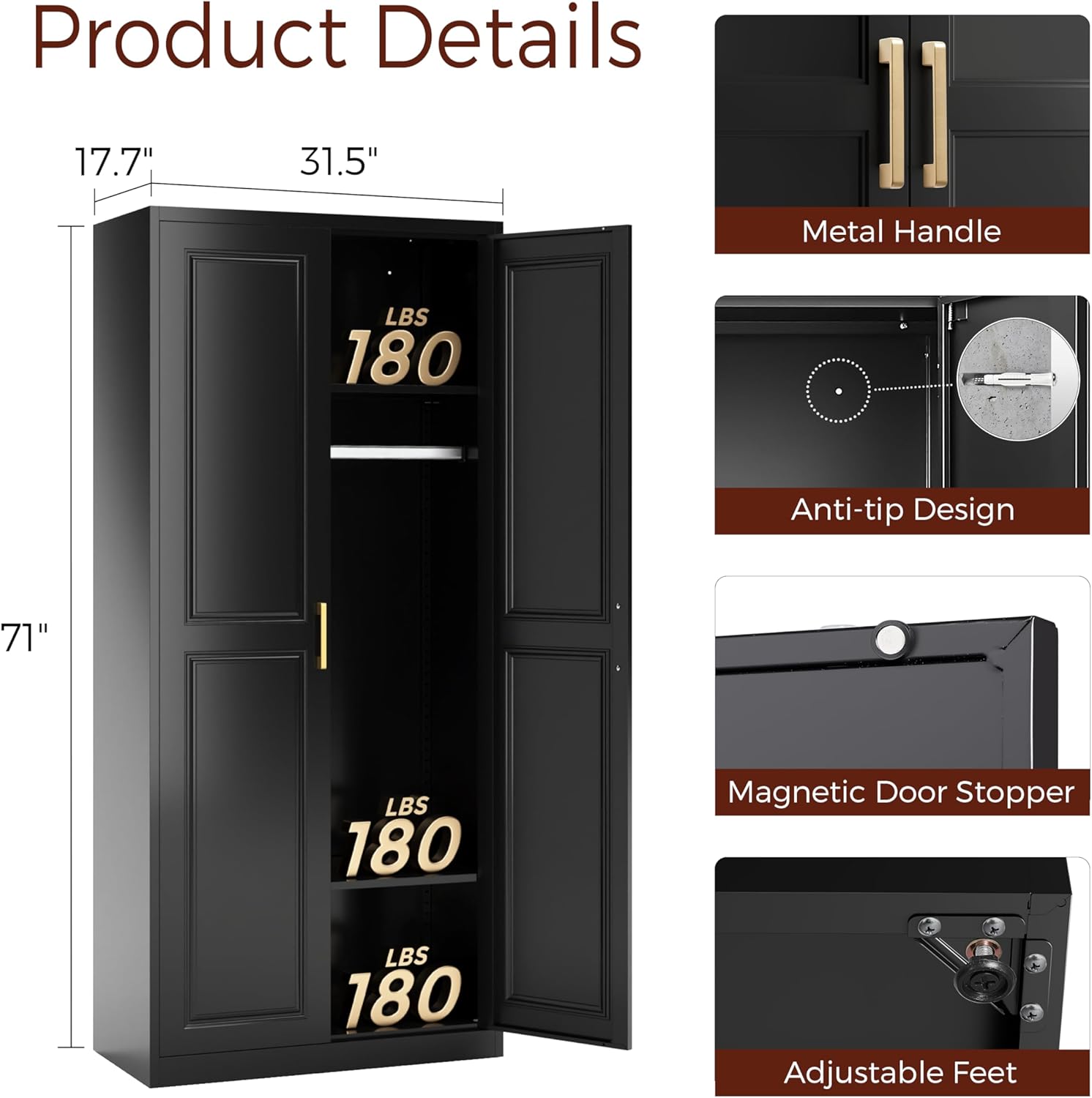 71" Metal Armoire Wardrobe Closet with 2 Doors, Tall Wardrobe Cabinet with Hanging Rod and Adjustable Shelves, Black Clothing Storage Cabinets for Bedroom, Laundry Room, Home Office