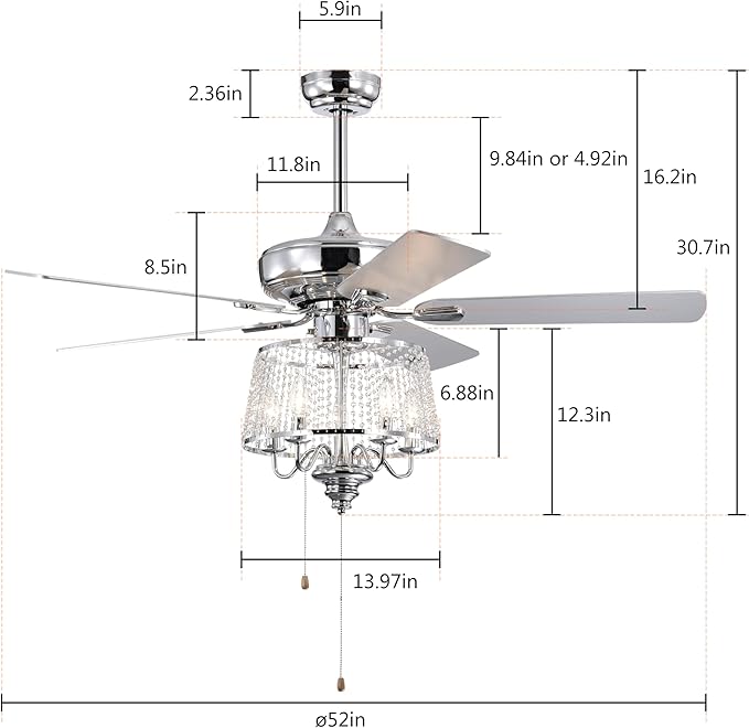 NicBex Ceiling Fan 52 Inch Modern Ceiling Fan with Lights Ceiling Fans with 5 Reversible Blades and Remote Control Ceiling Fan with Crystal Shade for Bedroom, Living Room, Silver