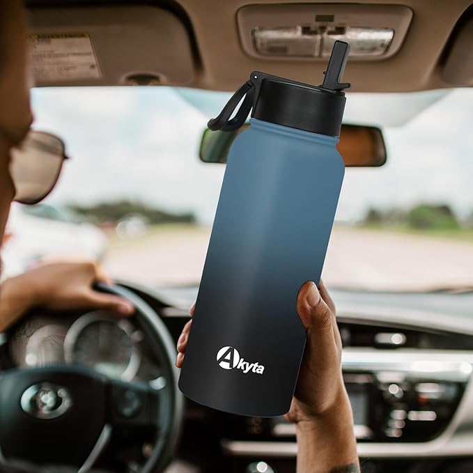32 OZ Water Bottle, Sports Water Bottle with Straw Lid, Vacuum-Insulated Stainless-Steel, Double-walled Metal Thermos Water Bottle (Indigo black, 32 oz)