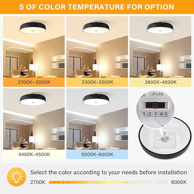 Dimmable LED Ceiling Light Fixture, 2700K-6000K 5CCT Modern Mid-Century Semi Flush Mount Ceiling Light, Black Close to Ceiling Lamp for Bedroom, Living Room, Kitchen, Laundry Room, 15.7in