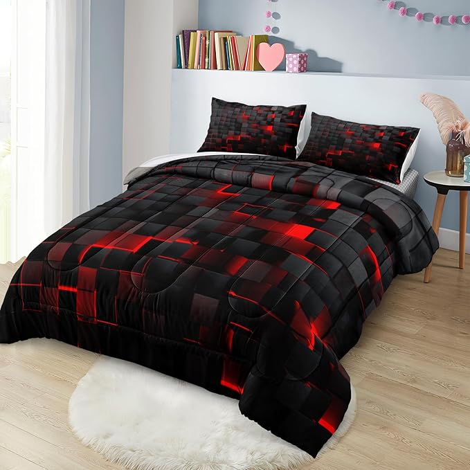 Bedbay Black Checkered Comforter Set Queen Size Plaid Bedding 4 Pcs Stereoscopic Glowing Square Geometric Printing Quilt Set Boys Girls Black Red Grid Bedding Set Queen Duvet Set (Red Black,Queen)