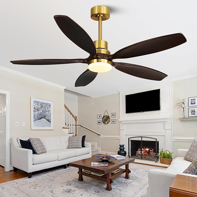 52" Ceiling Fan with Light and Remote,Reversible DC Motor,6Speed,Modern Natural Wood Ceiling Fan with Dimmable LED for Outdoor Patios Bedroom Living Room,Brown Walnut and Brass