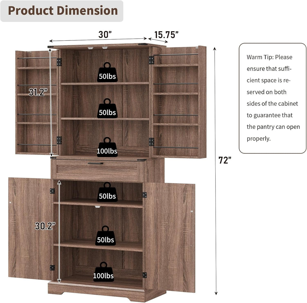 72'' Kitchen Storage Pantry Cabinet, Tall Storage Cabinet with 8 Door Shelves, 2 Cabinets and 1 Drawer, Freestanding Cupboard for Kitchen, Dining Room, Bathroom, Laundry, Living Room, Espresso