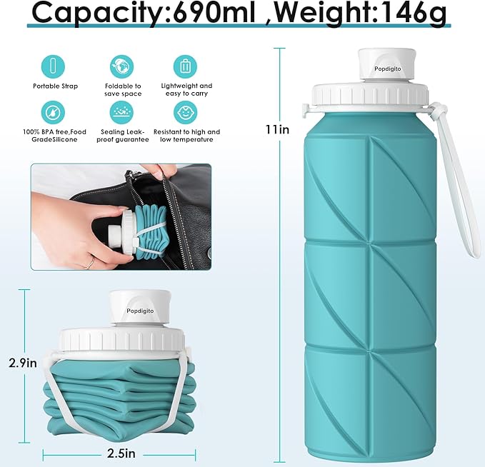 23oz Collapsible Silicone Water Bottle, BPA Free, Portable for Hiking, Travel, Camping, Yoga, Foldable, Leakproof, Lightweight, 690mL