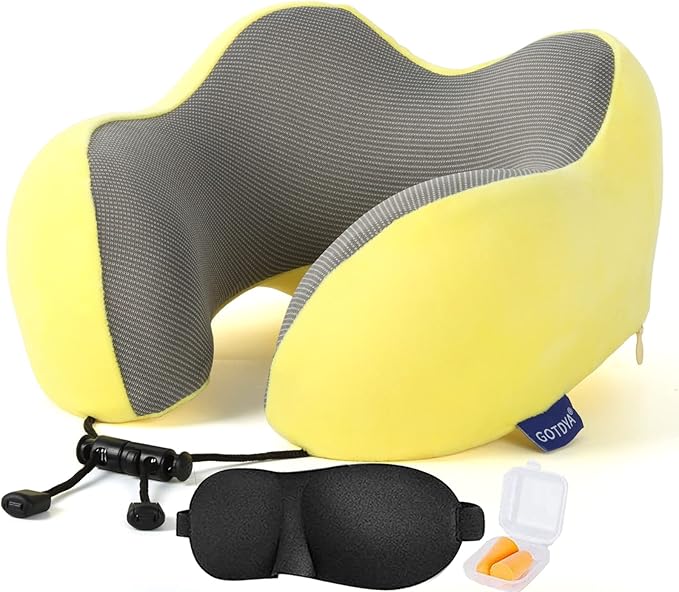 GOTDYA Travel Pillow,Travel Neck Pillows for Sleeping,100% Pure Memory Foam Soft Comfort & Support Pillow for Airplane/Car/Office&Home Rest Use-Yellow