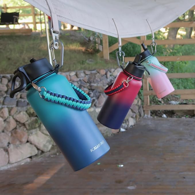 32 oz Insulated Water Bottle with Paracord Handles & Strap, 2 Lids(Straw Lid&Spout Lid), Stainless Steel Reusable Wide Mouth Metal Water Bottle With Straw, Double Walled, Thermo Mug(Dark Night)