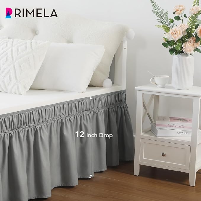 RIMELA Bed Skirt King Size Light Grey Bed Skirt 12 Inch Drop, Wrap Around Elastic Adjustable Bedskirt, Dust Ruffle for Bed Frame & Box Spring Soft Durable Fabric Machine Washable Easy to Install