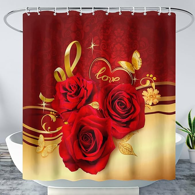 AILONEN Red and Gold Shower Curtain,Red Rose Hearts Printed Bath Curtain,Romantic Luxury Rose Flower Waterproof Curtain for Bathroom Decor 72" W x 72" H