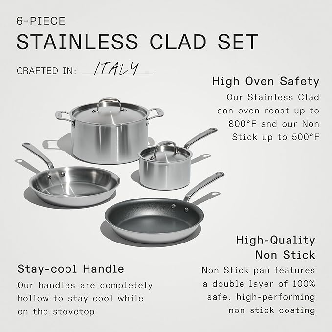Made In Cookware - 6 Pc Stainless Steel Cookware Set - 5 ply Clad - Includes Frying Pans, Saucepan, and Stock Pot - Professional Grade - Crafted in Italy - Induction Compatible