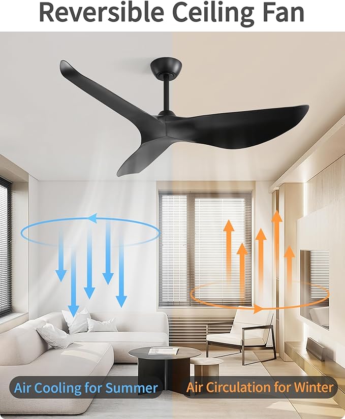 CACI Mall Ceiling Fans Without Lights - 52-Inch Flush Mount Ceiling Fan with 6 Speeds, 3 Timer Remote, Quiet Reversible DC Motor, and 5"/10"/25" Replacement Downrods (Black ABS Blades)