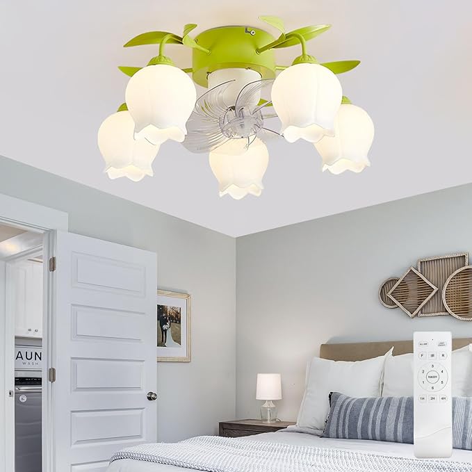 Flower Ceiling Fan with Light: Green Flower Fan Lights for Girls Bedroom - Flush Mount Fandelier for Living Room - 5-Light Modern Chandelier with Fan for Home Decor Enthusiasts