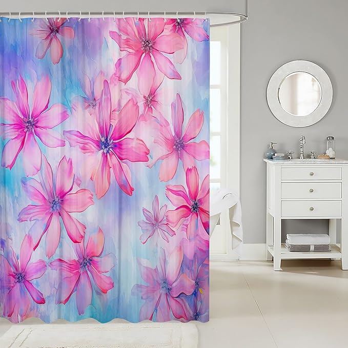 Feelyou Daisy Fabric Shower Curtain for Kids Boys Girls Pink Flower Bathroom Waterproof Accessories with 12 Hooks Floral Shower Curtain Wildflower Botanical Curtains,72x84 Inches