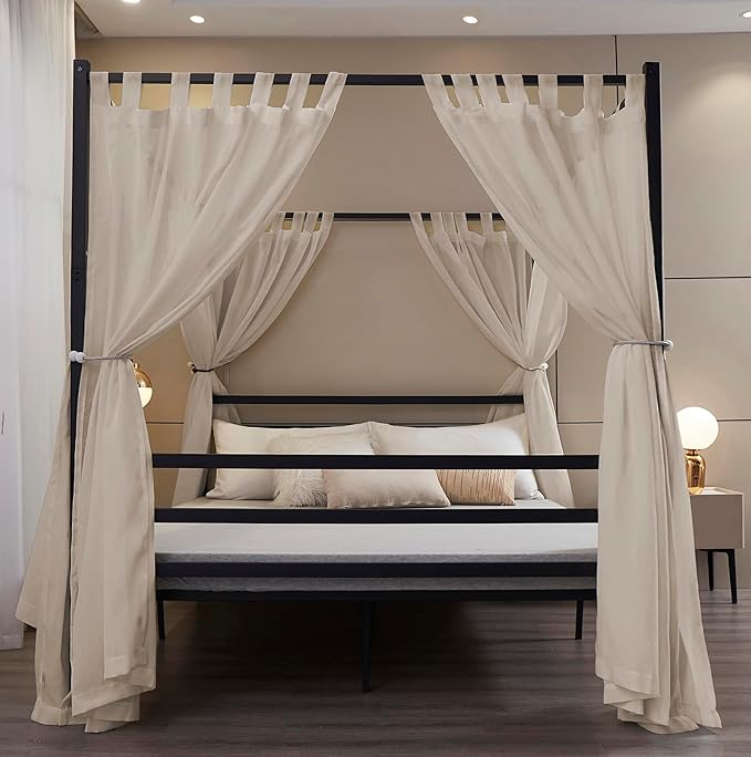 Mengersi Linen Canopy Bed Curtains for Twin,Full,Queen and King Size Bed,Bed Canopy Natural Blended Curtain Panels, 8 Panels Set (All Bed Sizes, Linen)
