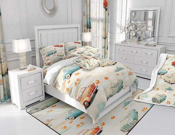 Feelyou Cartoon Car Fabric Shower Curtain for Kids Boys Girls Vintage Retro Car Bathroom Waterproof Accessories with 12 Hooks Colorful Shower Curtain Car Curtains,72x78 Inches