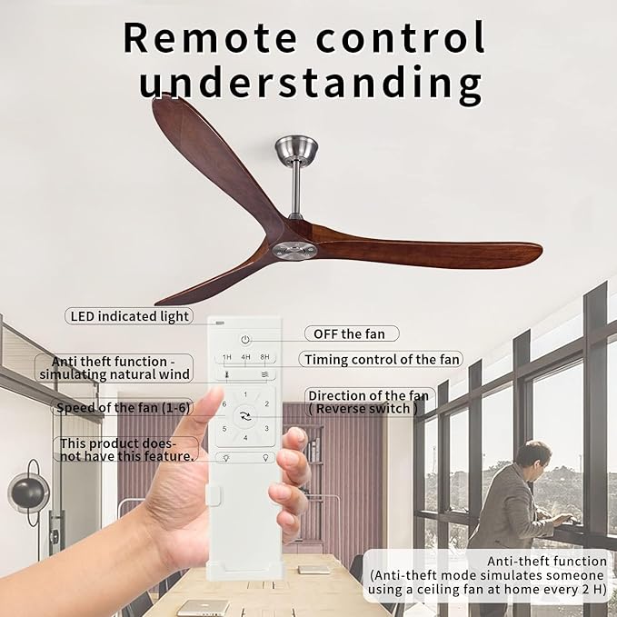 Bigzone 70" Outdoor Ceiling Fan with Remote No Light, 3 Wood Blades, Brushed Nickel Finish, Reversible Wood Ceiling Fan
