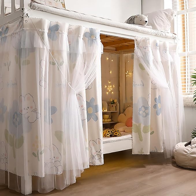 Beautiful Gauze Bunk Bed Curtains Drapes with Lace Privacy Bed Canopy for Bottom, 2 Panels, Whiterabbit