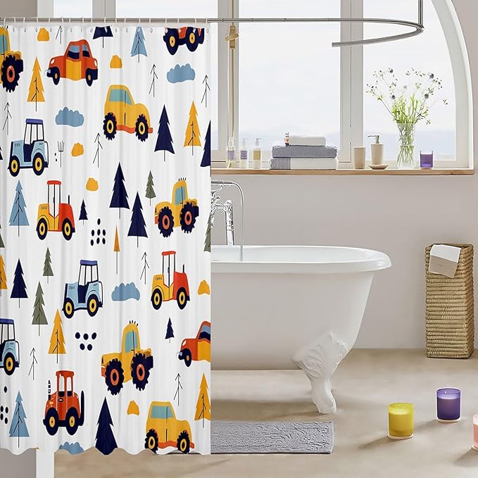 Feelyou Excavator Shower Curtain Cartoon Car Bathroom Shower Curtain Set Construction Vehicles Bath Curtain for Kids Boys Girls Equipment Trucks Kids Bathroom Accessories 72"x72"