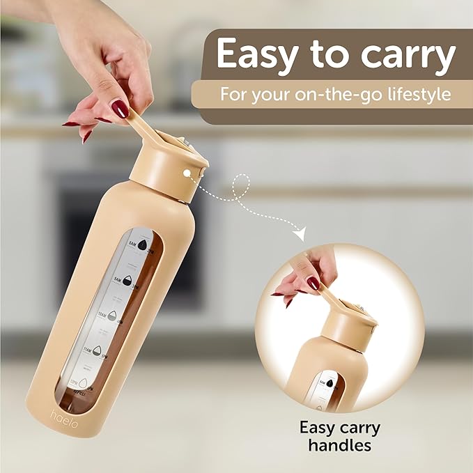 24oz Glass Motivational Water Bottle with Flip Lid Straw, Silicone Protective Sleeve, Handle, Reusable BPA Free (Sage Green)