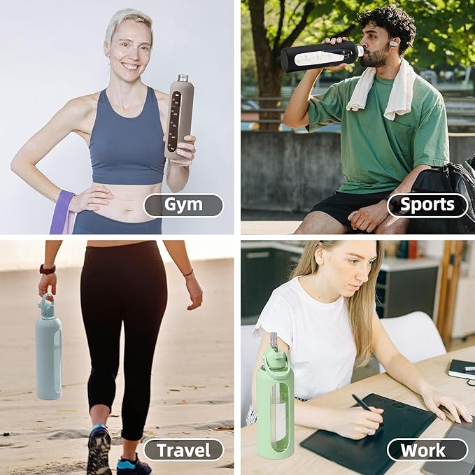 32 oz Glass Water Bottles with Straw Borosilicate Glass Water Bottle with Time Marker Motivational Water Bottles with Silicone Sleeve Leak Proof Reusable BPA Free