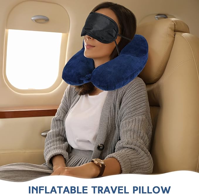 Sintuff 2 Pack Inflatable Travel Pillow for Airplanes Inflatable Neck Pillows with Compact Bag and Blindfold Soft Flight Pillow for Traveling, Airplane, Train, Car, Office(Gray and Blue)