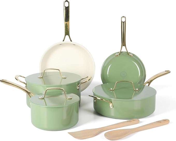 Martha Stewart Galway Premium Nonstick PFA Free Ceramic Interior 10 Piece Heavy Gauge Enamel Aluminum Pots and Pans Cookware Set W/Aluminum Lids - Sage Green W/Gold Handle