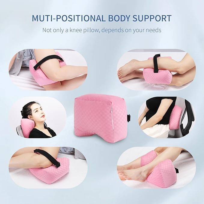 Knee Pillow for Side Sleepers - Leg Support Pillow for Sciatica Relief, Hip and Back Pain Alleviation, Spine Alignment with Adjustable Strap (Pink-Checker)