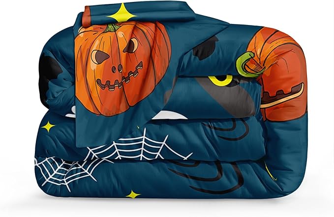 Bedbay Halloween Comforter Set King Size Comforter Set Cartoon Pumpkin Bedding Cute Halloween Bedding King Size Comforter 4 Pcs with 1 Cushion Cover(Blue,King)