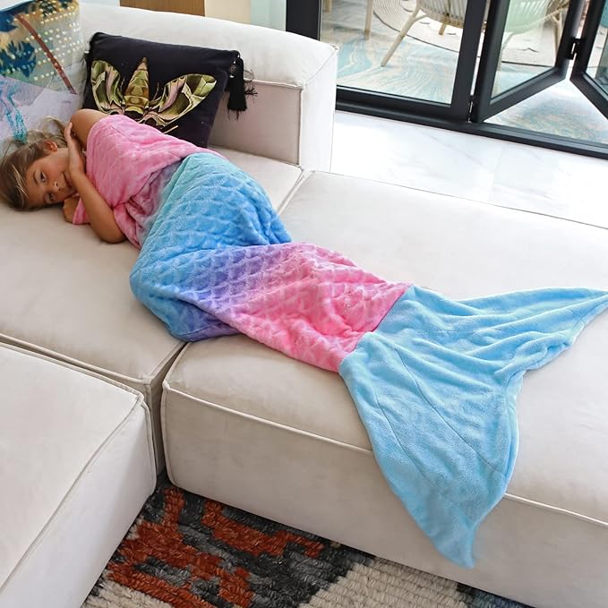 Catalonia Kids Mermaid Tail Blanket, Super Soft Plush Flannel Sleeping Snuggle Blanket for Girls, Rainbow Ombre, Fish Scale Pattern, Mermaid Gifts for Girls Birthday