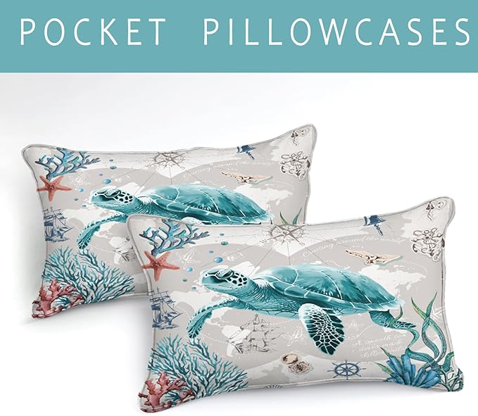 Bedbay Coastal Bedding Set Sea Turtle Comforter Set Queen Size for Girls Boys Soft Lightweight Ocean Bedding Quilt Set Beach Room Decor 4 Pcs Retro Turtle Beach Theme Duvet Insert(Turtle,Queen)