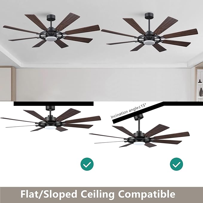 60" Ceiling Fan with Lights and Remote Control, Wood 8 Blades 6-Speed Noiseless Reversible DC Motor, 2 Downrods, Modern Ceiling fan for Office Porch Bedroom Dining Living Room, Black+Walnut