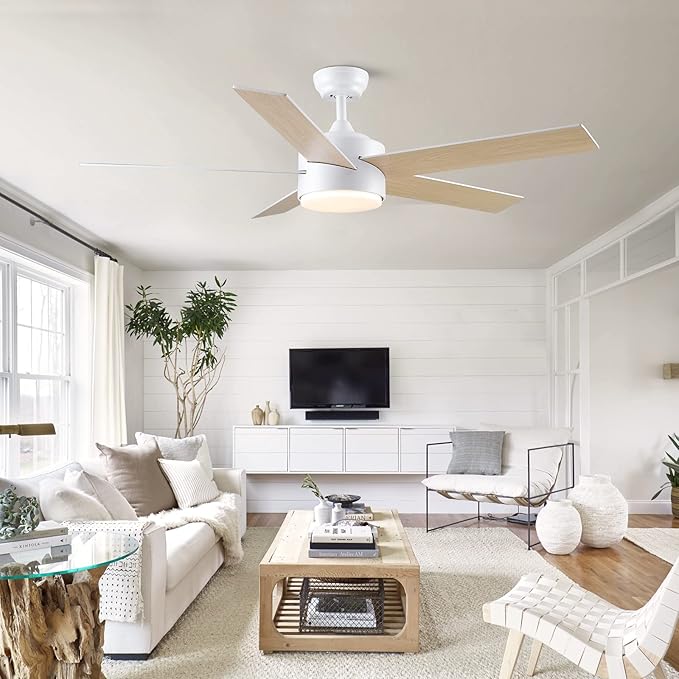 52 inch White Ceiling Fans with Lights and Remote, Wooden 5 Blades LED Modern Ceiling Fan for Bedroom, Living Room, Dining Room, 3 CCT 6-Speed Quiet Reversible