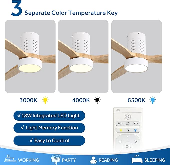 Sofucor Low Profile Ceiling Fan, Flush Mount Ceiling Fan with Lights and Remote Control, 52'' Wood Ceiling Fan with 3 Color Temperature & Adjustable Brightness, Burlywood
