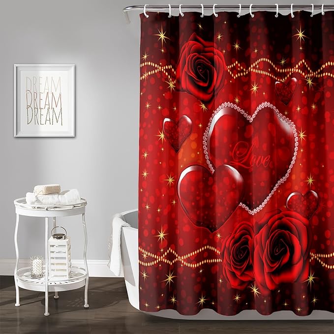 AILONEN Red Hearts Rose Shower Curtain for Bathroom Decor, Romantic Flower Bathroom Curtain 36" W*72" H,Valentine Bath Curtain Polyester Waterproof Shower Curtain with 12 Hooks