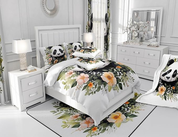 Feelyou Panda Shower Curtain Boys Girls Cute Cartoon Panda Fabric Shower Curtain for Kids Flower Botanical Bathroom Waterproof Accessories with 12 Hooks Animal Curtains,72x78 Inches