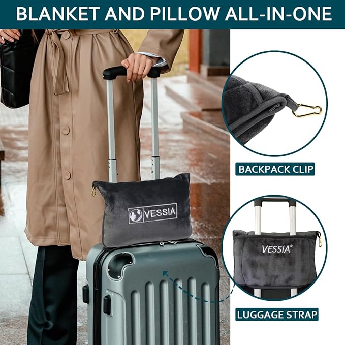 Vessia Travel Blanket for Airplane, Train and Car, Warm and Soft Travel Blanket and Pillow 2 in 1 for Adults and Kids, Portable Compact Long Flight Blanket with Luggage Sleeve, Backpack Clip(Grey)