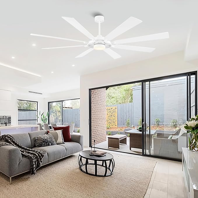 80" Ceiling Fan with Lights and Remote Control, Wood 8 Blades 6-Speed Noiseless Reversible DC Motor, 3 Downrods, Modern Large Ceiling fan for Covered Patio Bedroom Living Room Office, White
