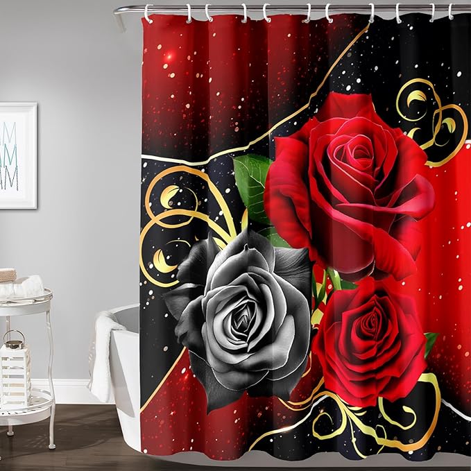AILONEN Romantic Red Rose Flower Shower Curtain,Red and Black Floral Bath Curtain,Modern Flower Waterproof Curtain for Bathroom Decor, 72" W x 72" H