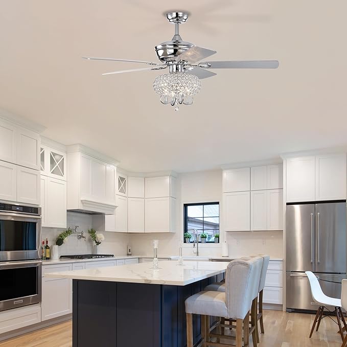 NicBex Ceiling Fan 52 Inch Ceiling Fan with Lights Ceiling Fans with 5 Blades and Remote Control Ceiling Fan with Crystal Lamp Shade for Bedroom, Living Room, Silver