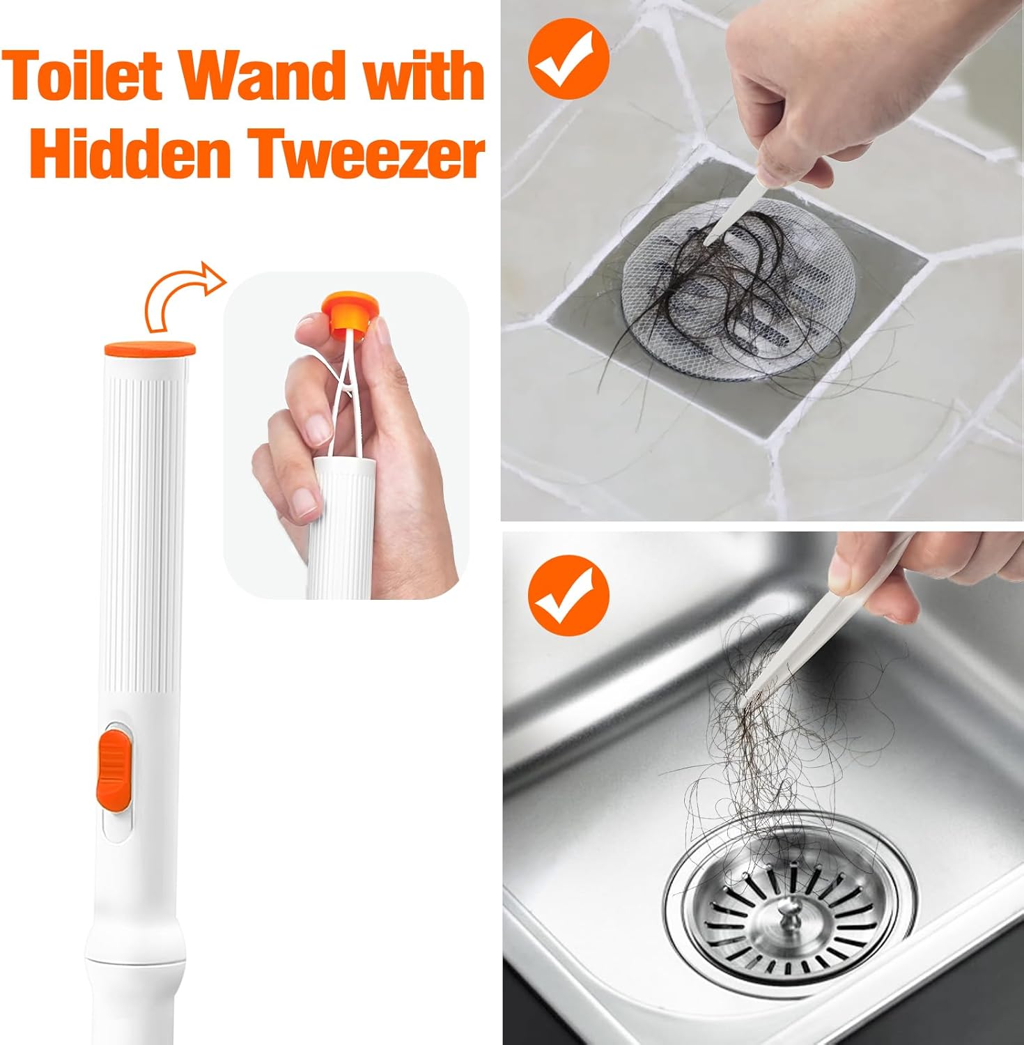JEHONN Disposable Toilet Brush with Tweezers, Toilet Bowl Wand Holder Set with 42 Cleaner Refills, Bathroom Cleaning System for Sink Bathtub Wash Basin (White Orange)