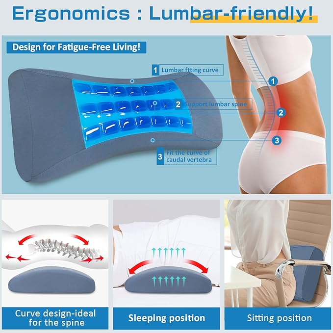 Gel Lumbar Support Pillow for Sleeping with Adjustable Pad Relief Lower Back Pain: Cooling Back Support Pillow for Bed - Ergonomic Memory Foam Wedge Bolster Pillow for Side, Back and Stomach Sleepers