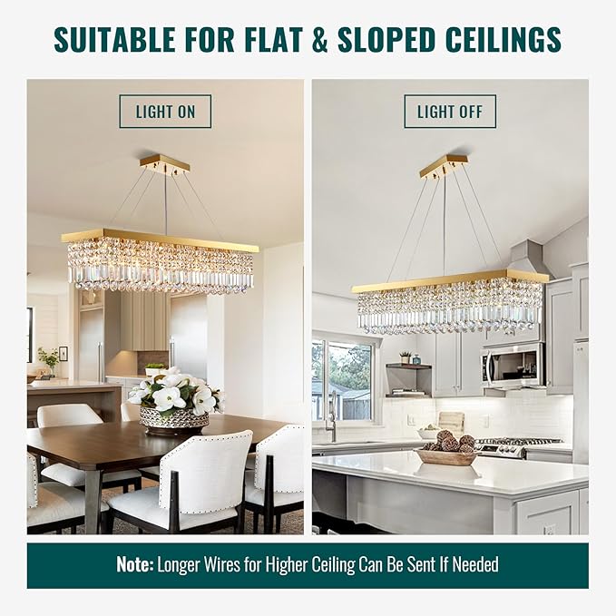 Siljoy Rectangular Gold Crystal Chandelier 8 Lights Modern Rectangle Raindrop Pendant Ceiling Light Fixture for Living Dining Room Kitchen Island Bar L40'' x W10'' x H10''