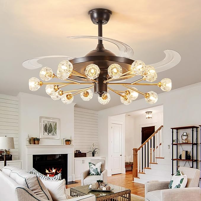 Sputnik Ceiling Fan with Light: Chandelier with Fan for Living Room - Black Fandelier with 18 Lights and Crystal for Dining Room Bedroom - 42" Retractable Ceiling Fan with Lights