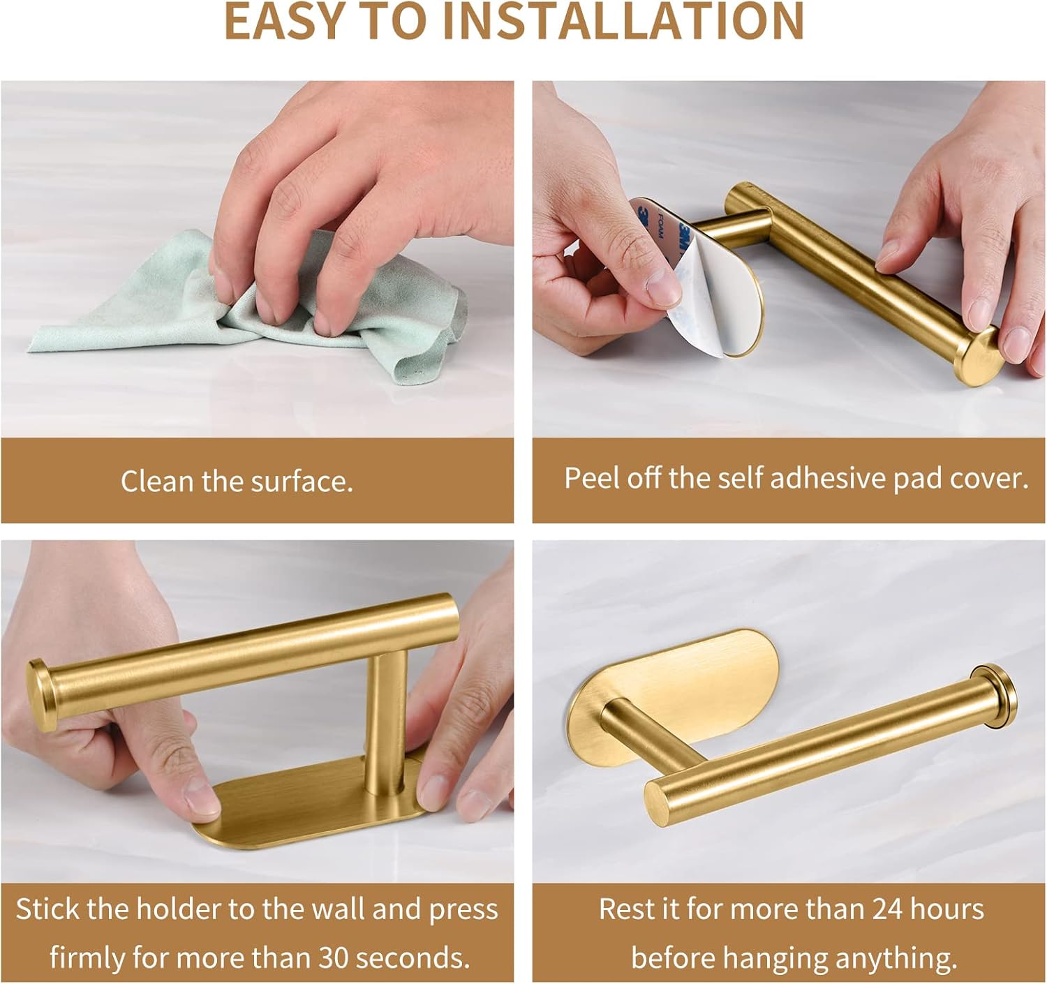 Toilet Paper Holder,Gold,Wall Mount, Upgraded Adhesive Toilet Roll Holder,no Drilling,Bathroom/Rv/Washroom,SUS 304 Stainless Steel,Rustproof (Gold, 2 Pieces)