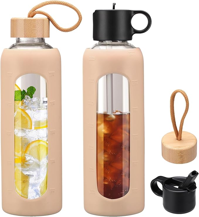 24oz Glass Water Bottle With 2 Lids-Flip Straw Lid, Bamboo Lid, Glass Water Bottle With Silicone Sleeve, Motivational Time Marker, Glass Juice Bottle for Cold Drink,Amber